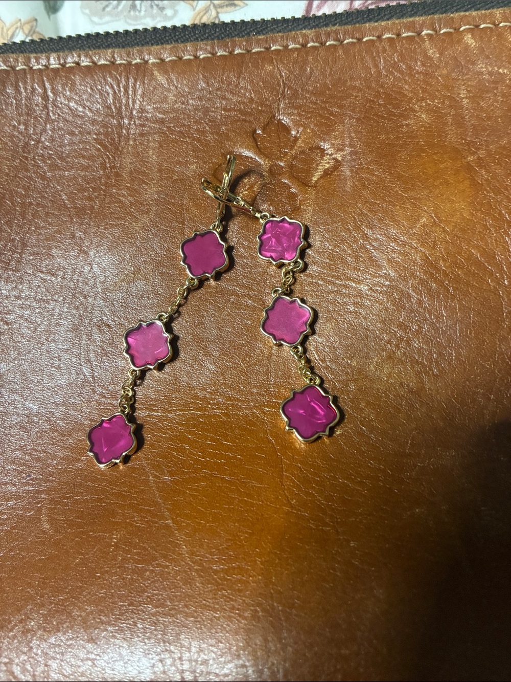 Pink Drop Clover-Link Dangle Earrings - Gold-Tone